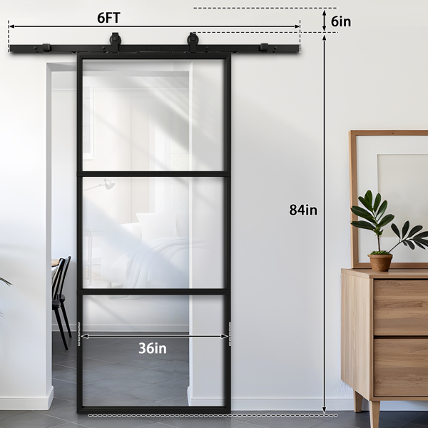 36 in.  x 84 in.     Glass Sliding Barn Door with  6FT Barn Door Hardware Kit & Soft Close Mechanism，Interior Clear Glass Black Steel Frame，Requires Simple DIY Assembly