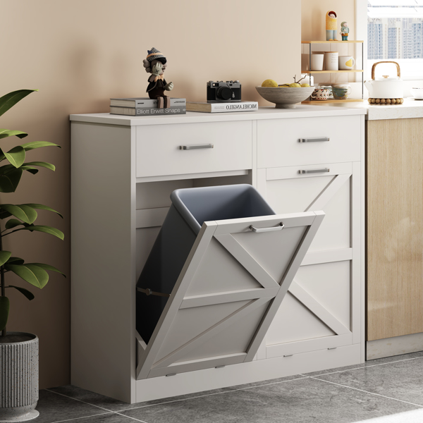 White Tilt Out Trash Cabinet with 2 drawer , Quick Installation and Deodorising Function, Wooden Freestanding Trash Can Cabinet Holds Up to 2x10 Gallons Capacity for Kitchen / Dining Room / Laundry