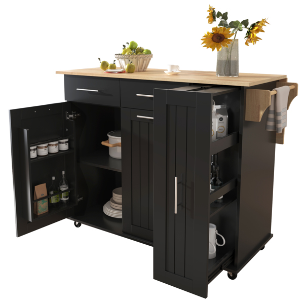 Kitchen Island with Drop Leaf, Kitchen Storage Cart with 3 Tier Pull Out Cabinet Organizer, Internal Storage Rack, Rolling Kitchen Cart on Wheels with Towel Rack, 2 Drawers, for Kitchen, Black