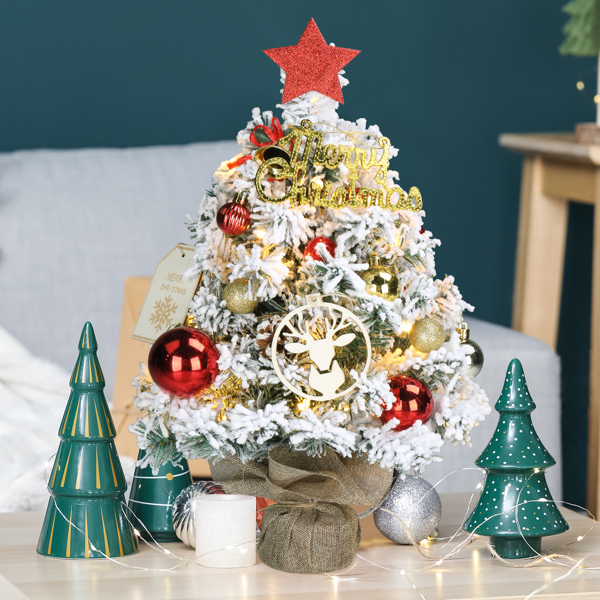 16 in Snow Flocked Pre-lit Artificial Mini Christmas Tree, Tabletop Small Xmas Pine Tree with Ornaments and 30 Warm Lights Battery Operated and Cloth Bag Base for Home Office Store Holiday Deco, Snowy