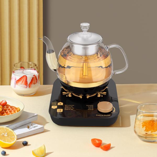 Compact Tea Maker Electric Glass Kettle，Dual Methods of Steaming and Brewing with Temperature and Timer Programs，Cordless 800W 0.8 Liters capacity for get your favorite teas.