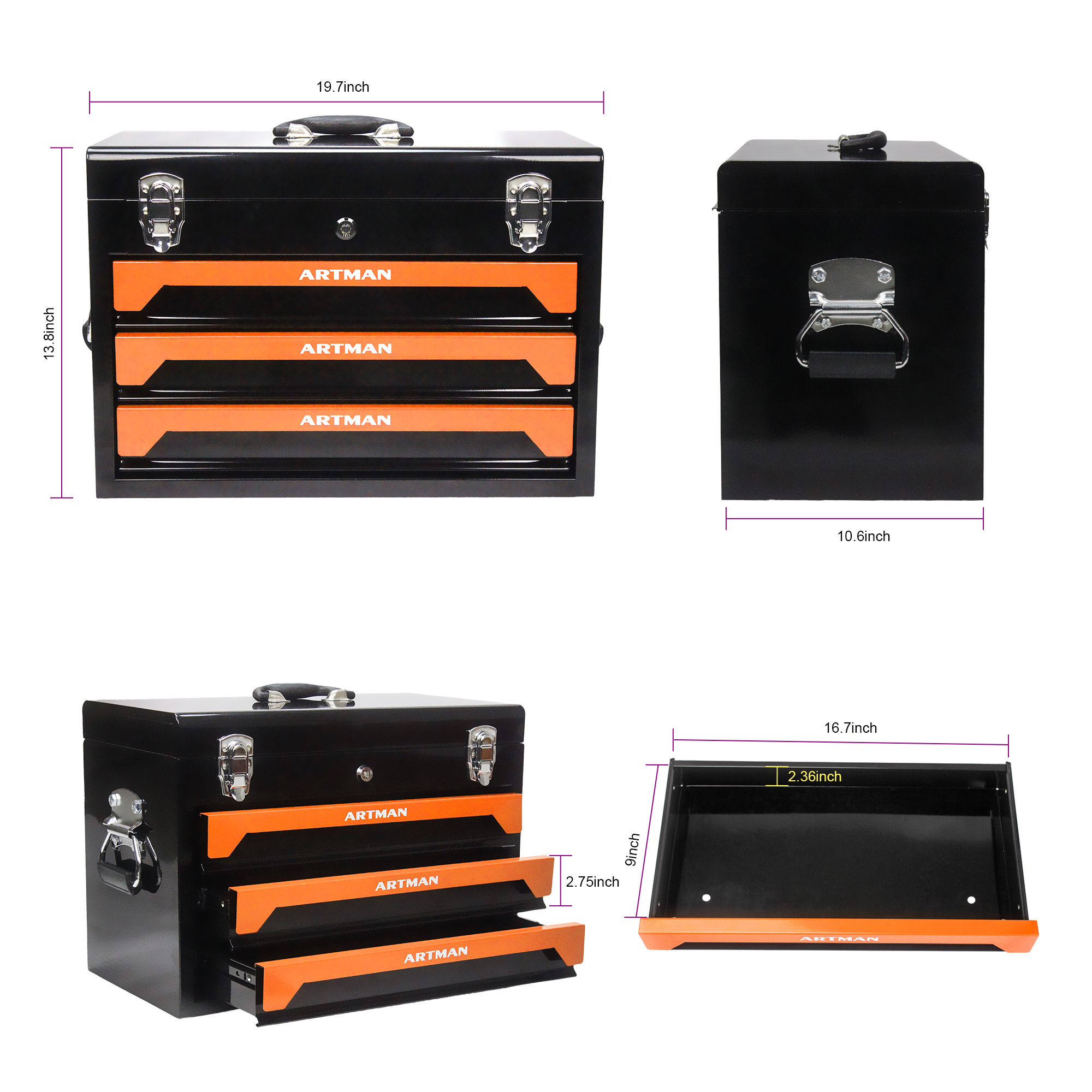3 Drawers Tool Box with Tool Set view 2