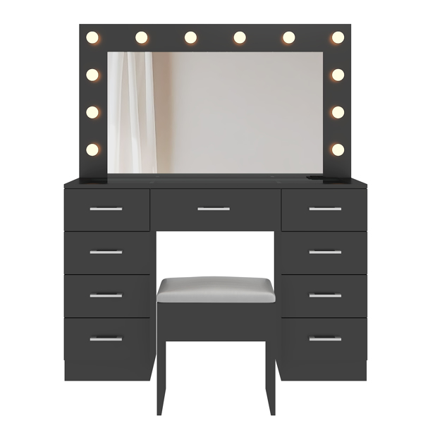 Vanity Desk Set with Large Lighted Mirror and Powre Outlet, Glass Top Makeup Vanity with 9 Drawers, Vanity Table with 12 LED Lights, 3 Lighting Color Adjustable, Black