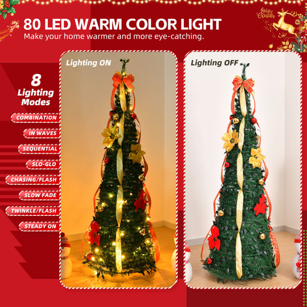 6 FT Fully Decorated Pre-lit Christmas Tree, Pop Up Artificial Xmas Tree with 80 Warm Lights Battery Operated and Red & Golden Ornaments for Home Office Store Holiday Deco