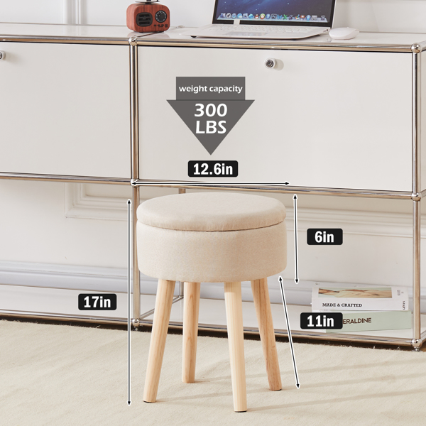 Storage Ottoman Linen Round Vanity Stool Tray Top Modern Foot Stool with Wood Legs Multifunctional Upholstered Foot Ottoman Rest for Living Room, Bathroom, Makeup Beige