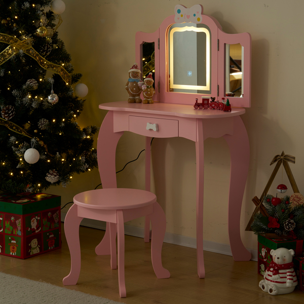 Kids Vanity Table and Chair Set, 2-in-1 Girls Vanity with Tri-Folding Mirror & 3-Color LED Lights, 1 Drawer, Pretend Play Makeup Dressing Princess Table for Toddlers, Pink