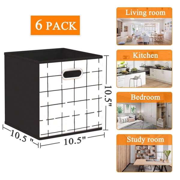 6 Pack Fabric Storage Cubes with Handle, Foldable 11 Inch Cube Storage Bins, Storage Baskets for Shelves, Storage Boxes for Organizing Closet Bins, Black