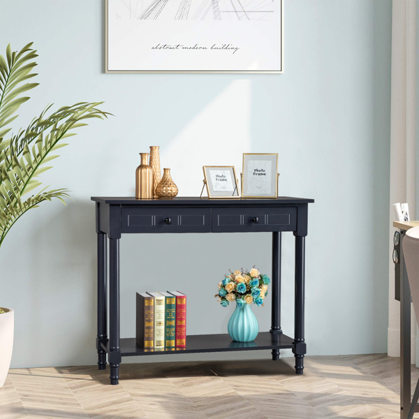 2-Tier Console Table with 2 Drawers， Console Tables for Entryway, Sofa Table with Storage Shelves, Entryway Table Behind Sofa Couch, for Living Room, Kitchen, Black