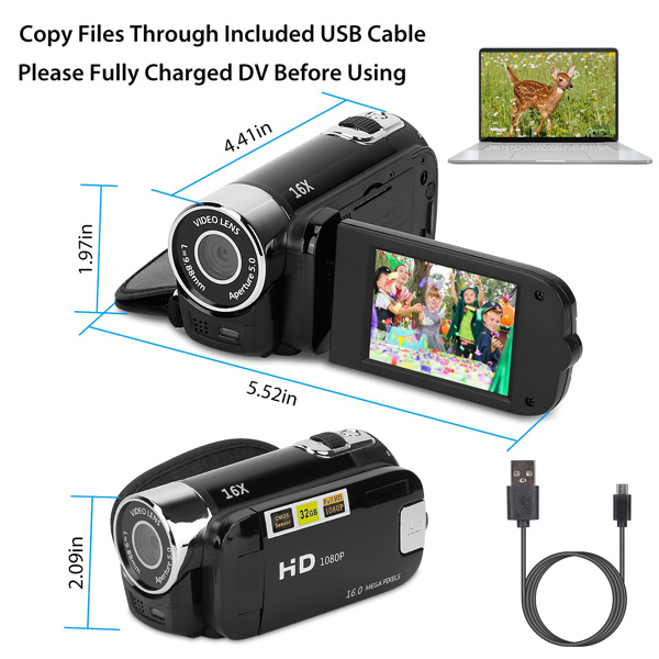 HD 1080P Digital Video Camcorder 2.7in 16X Zoom DV Camera 270° Rotation Rechargeable Kid Camera w/Fill Light Selfie