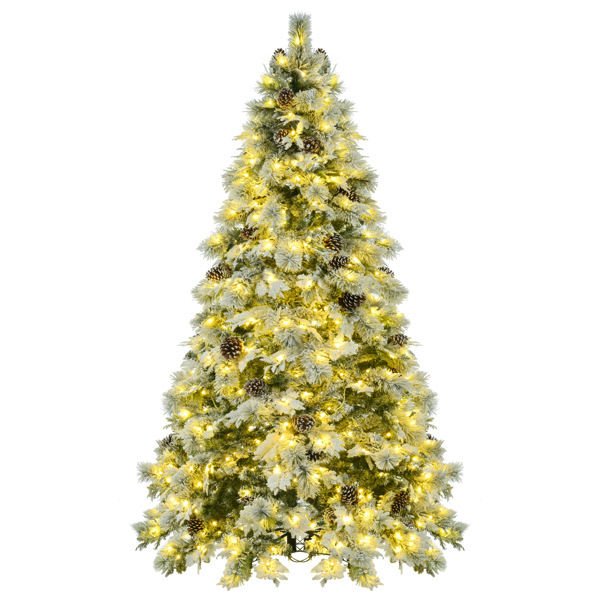 7.5FT Pre-Lit Spruce Snow Flocked Christmas Tree with Pine Cones, Artificial Xmas Tree with 745 Branch Tips,Mixed PE & PVC Branches, 450 Multi-Color LED Lights, 11 Flashing Modes, Holiday Decor