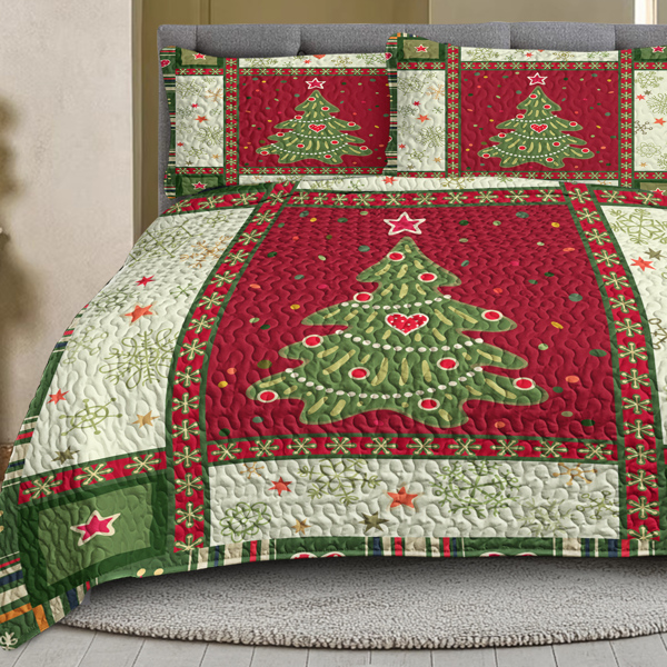 3 Piece Cute Christmas Tree Quilt Set Red Green King Size Snowflakes Pattern Bedspread Lightweight Coverlet Summer Comforter Set Bed Cover (1 Quilt+ 2 Shams)