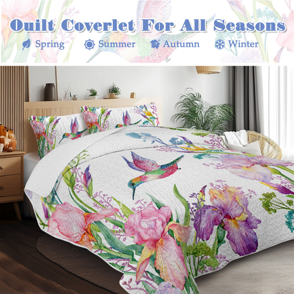 Colorful Bird Flower Design Quilt Set 3 Pieces Queen Size Soft Warm Bedding Set Include 1 Quilt And 2 Pillowcases for Home Bedroom Decor