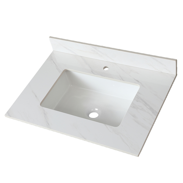 31 Inch Marble Vanity Top, White Vanity Top with Pre-drilled Faucet Holes, Bathroom Vanity Top with Undermount Rectangular Middle Sink and 4" Height Backsplash Single Hole