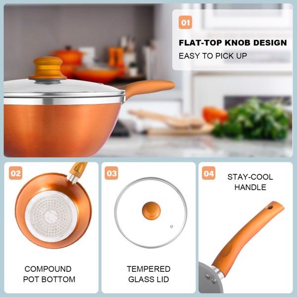  Kitchen Cookware Set, 6 PCS Nonstick Pot and Pan Set-Wok, Soup, Milk Pot Set Orange