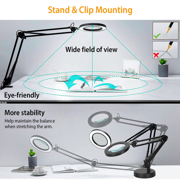 2-in-1 LED Magnifier Desk Lamp 8x Magnifying Glass with Light Swing Arm Desk Table Light USB Reading Lamp with Clamp Stand 10 Brightness 3 Modes