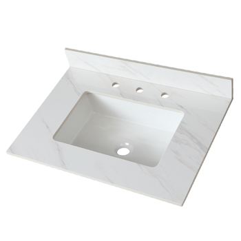 31 Inch Marble Vanity Top, White Vanity Top with Pre-drilled Faucet Holes, Bathroom Vanity Top with Undermount Rectangular Middle Sink and 4\\" Height Backsplash Three Holes