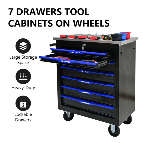 7 DRAWERS MULTIFUNCTIONAL TOOL CART WITH WHEELS-BLACK+BLUE