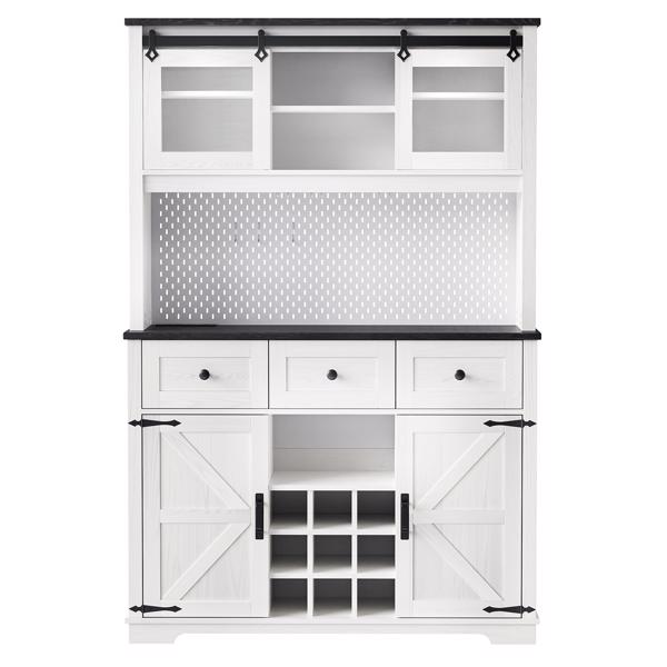 71" Farmhosue Pantry Bar Cabinet with Internal Storage Rack,Kitchen Cabinet with Hutch,Sliding Door,Power Outlet,Pegboard,Wine & Glasses Rack,3 Drawers,Rustic Coffee Bar Storage Cabinet,White Oak