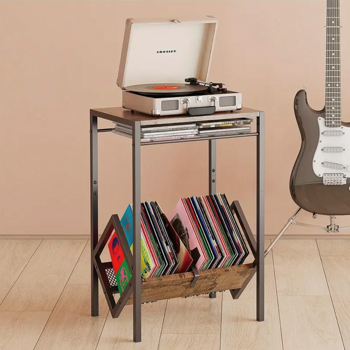 Electric turntable stand with vinyl storage rack, 3-layer coffee table vinyl record display turntable stand, used as a vinyl record organizer for books and magazines, can hold up to 100 LP albums