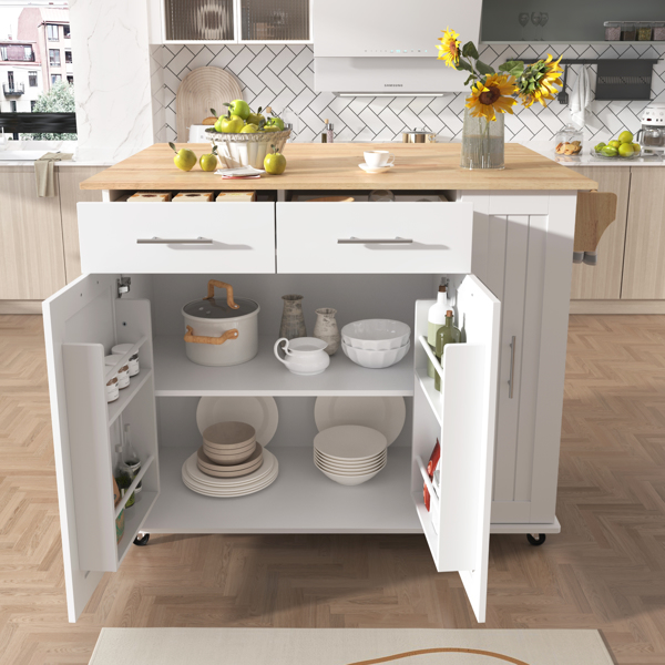 Kitchen Island with Drop Leaf, Kitchen Storage Cart with 3 Tier Pull Out Cabinet Organizer, Internal Storage Rack, Rolling Kitchen Cart on Wheels with Towel Rack, 2 Drawers, for Kitchen, White