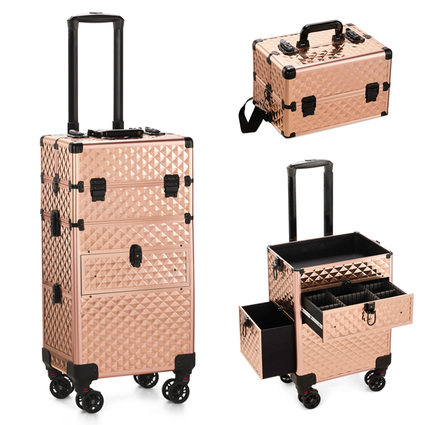 FCH 2-in-1 Front Drawer with Slide Rails, Flat Left Drawer, Detachable Universal Wheels, Aluminum, Diamond Pattern, Champagne Gold, Cosmetic Case 34*24*72.5cm