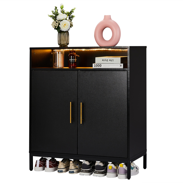 FCH Double Door 6-Layer Shoe Cabinet with High Foot LED Lights Particle Board 80*38*90cm Black