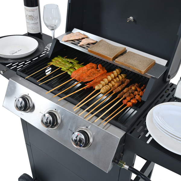 Propane Gas Grill 3 Burner Barbecue Grill, Stainless Steel 26,000 BTU Patio Garden Barbecue Grill with Two Shelves, Lid, Wheels and Bottle Opener