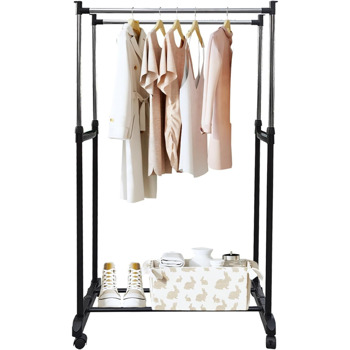 Mobile Clothes Rack with Double Rods, Versatile Garment Rack for Hanging Clothes in Bedrooms, Wheels for Easy Maneuverability - Black