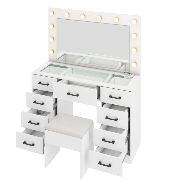 Vanity Desk Set with Large Lighted Mirror and Powre Outlet, Glass Top Makeup Vanity with 9 Drawers, Vanity Table with 12 LED Lights, 3 Lighting Color Adjustable, White