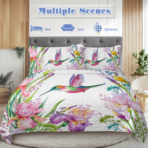 Colorful Bird Flower Design Quilt Set 3 Pieces Queen Size Soft Warm Bedding Set Include 1 Quilt And 2 Pillowcases for Home Bedroom Decor