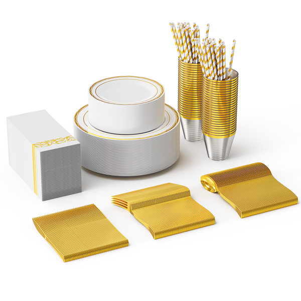 50 sets of flat plastic circular gold disposable tableware with size plates, cups, knives, forks, tissues, straws included