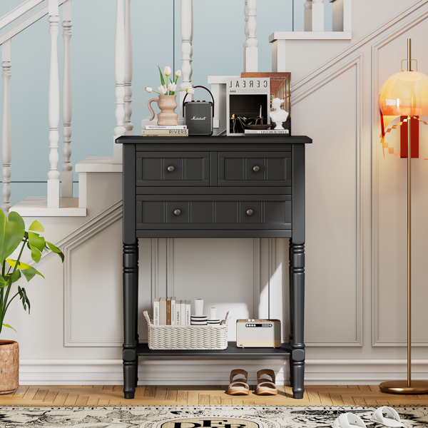 Narrow Console Table, Slim Sofa Table with Three Storage Drawers and Bottom Shelf (Black)