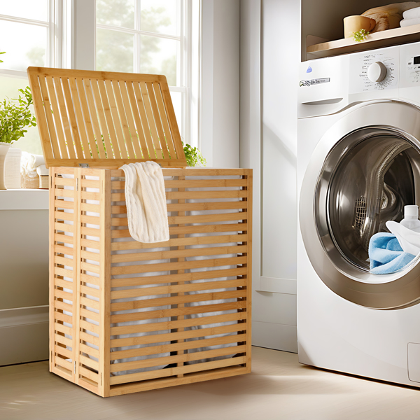 Bamboo Laundry Hamper with Lid – Foldable Clothes Basket with 2-Section Removable Liner Bag, Space-Saving Laundry Sorter for Bathroom, Bedroom, and Laundry Room (Natural, 21.69”L x 13.85”W x 25.39”H)