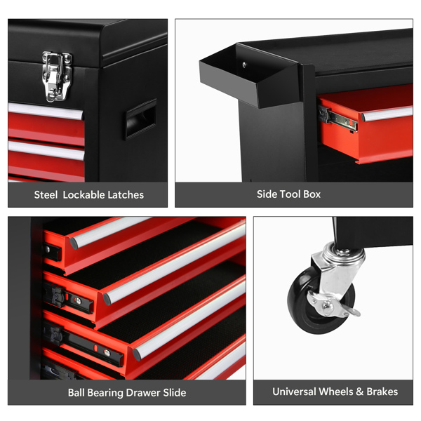 Tool Chest, 5-Drawer Rolling Tool Storage Cabinet with Detachable Top Tool Box, Liner, Universal Lockable Wheels, Locking Mechanism, Metal Tool Cart for Garage Workshop