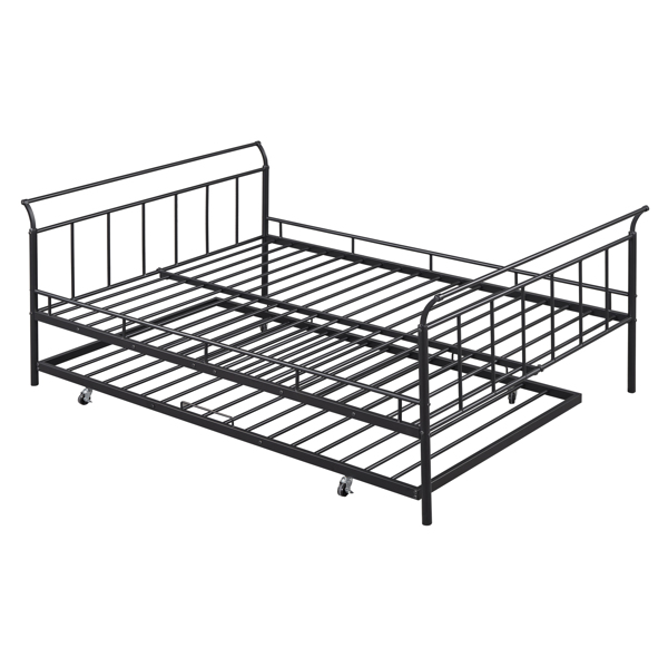 Full Size Metal Daybed with Curved Handle Design and Twin Size Trundle, Black