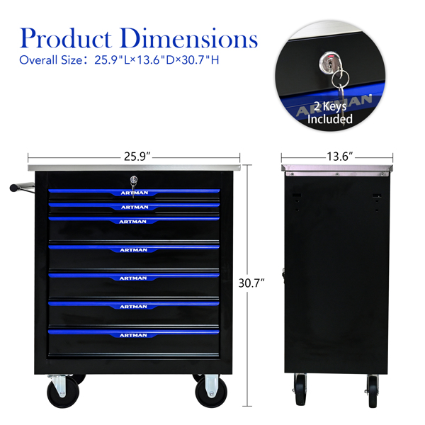 7 DRAWERS MULTIFUNCTIONAL TOOL CART WITH WHEELS-BLACK+BLUE