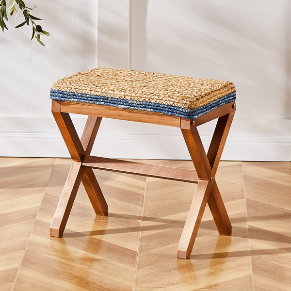 Ottoman Footstool Natural Seagrass Footrest Pouf Ottomans with X Wooden Legs Rectangular Hand Weaving Foot Rest for Living Room Balcony 17 inch Blue