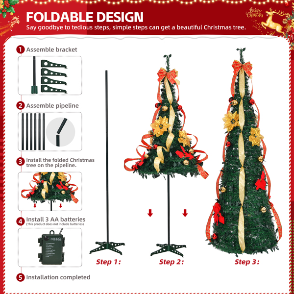 6 FT Fully Decorated Pre-lit Christmas Tree, Pop Up Artificial Xmas Tree with 80 Warm Lights Battery Operated and Red & Golden Ornaments for Home Office Store Holiday Deco