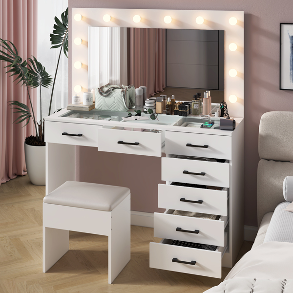 Vanity Desk Set with Large Lighted Mirror and Powre Outlet, Glass Top Makeup Vanity with 7 Drawers, Vanity Table with 12 LED Lights, 3 Lighting Color Adjustable, White