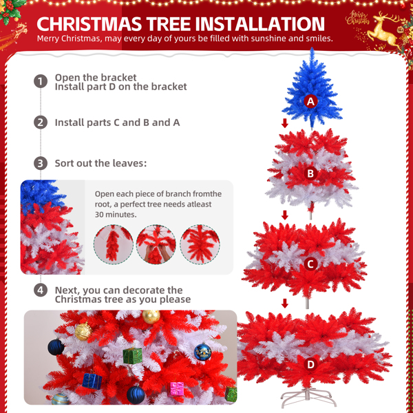 7.5 FT Patriotic Artificial Christmas Tree, Hinged Tree 4th of July Patriotic Decorations with 1308 Branch Tips and Sturdy Metal Stand, Red & White & Blue