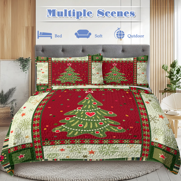 3 Piece Cute Christmas Tree Quilt Set Red Green Queen Size Snowflakes Pattern Bedspread Lightweight Coverlet Summer Comforter Set Bed Cover (1 Quilt+ 2 Shams)