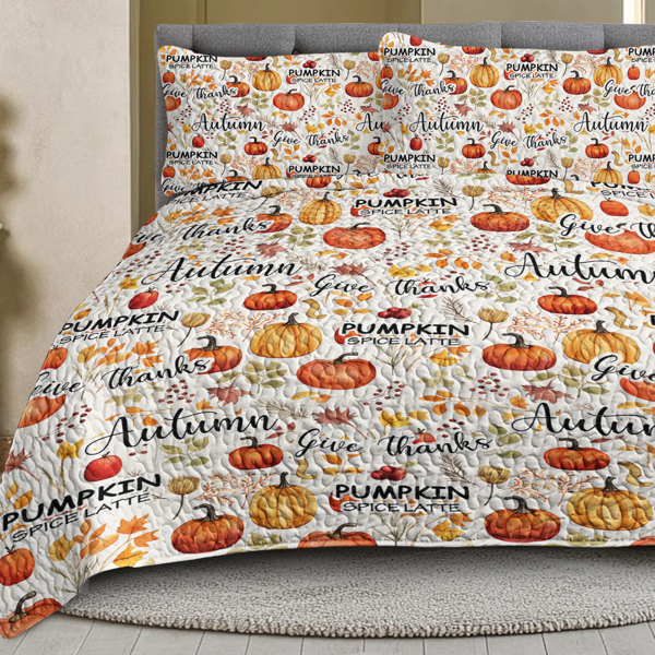 Pumpkin Autumn Leaves Design Quilt Set 3 Pieces Queen Size All Seasons Bedding Quilt Bed Set with 2 Pillowcases for Kids Teens Adults Bedroom Decor Thanksgiving