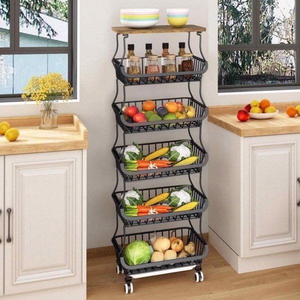 6 Tier Fruit Vegetable Basket For Kitchen With Wooden Tabletop, Storage Cart Vegetable Basket Bins For Onions And PotatoesWire Storage Basket Organizer Utility Cart With Wheels. Black