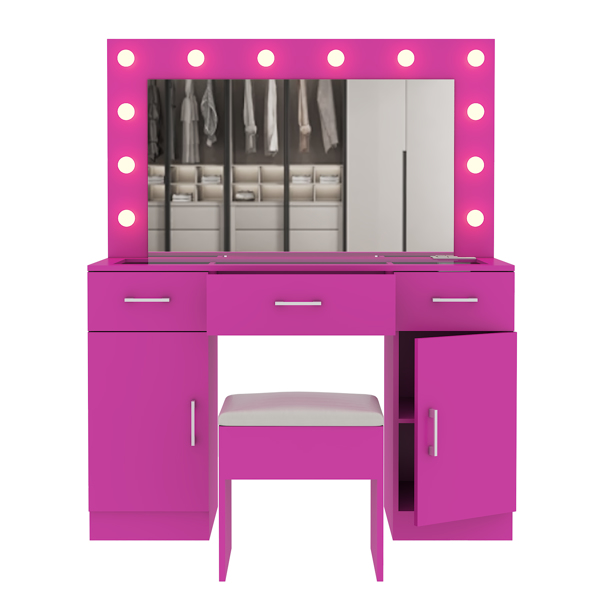 Vanity Desk Set with Large Lighted Mirror and Powre Outlet, Glass Top Makeup Vanity with 3 Drawers and 2 Cabinets, Vanity Table with 12 LED Lights, 3 Lighting Color Adjustable, Pink