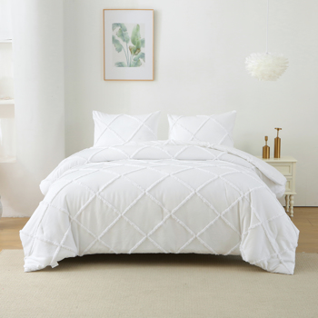 King Comforter Set, 3 Pieces Boho Tufted Bedding Set with 1 Down Alternative Comforter and 2 Pillow Shams, White