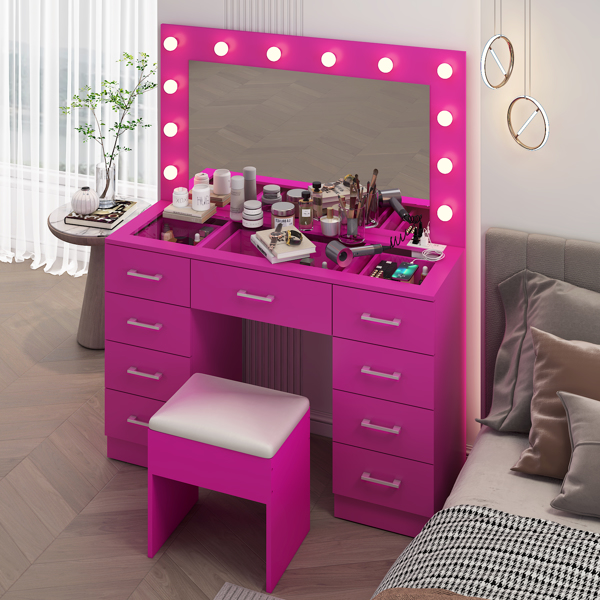 Vanity Desk Set with Large Lighted Mirror and Powre Outlet, Glass Top Makeup Vanity with 9 Drawers, Vanity Table with 12 LED Lights, 3 Lighting Color Adjustable, Pink