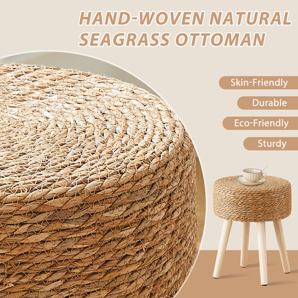 Round Ottoman Footstool Natural Seagrass Foot Stool Pouf Ottomans with Solid Wood Legs Hand Weave Hyacinth Footrest Step Stool for Living Room Balcony Garden Natural Seagrass