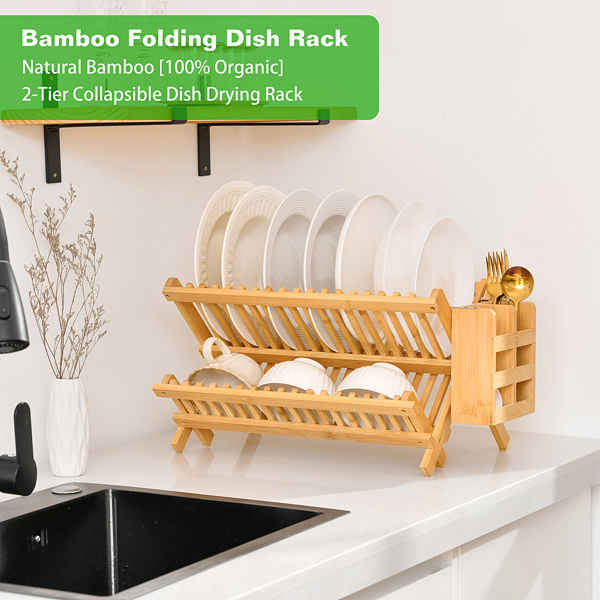 Collapsible 2-Tier Bamboo Dish Drying Rack – Foldable Wooden Dish Drainer with Utensil Holder, Space-Saving Dish Rack for Kitchen Countertop