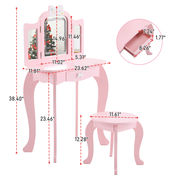 Kids Vanity Table and Chair Set, 2-in-1 Girls Vanity with Tri-Folding Mirror & 3-Color LED Lights, 1 Drawer, Pretend Play Makeup Dressing Princess Table for Toddlers, Pink