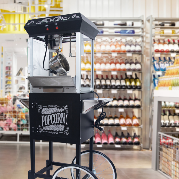 Popcorn Machine with Cart – 6oz Popper with Stainless-steel Kettle, Heated Warming Deck, and Old Maids Drawer,Black 